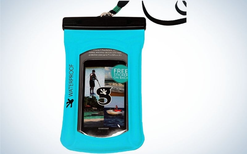 A large bag similar to a boxing bag which is blue with printed picture shades as well as with two black stripes and in the shape of a cylinder.