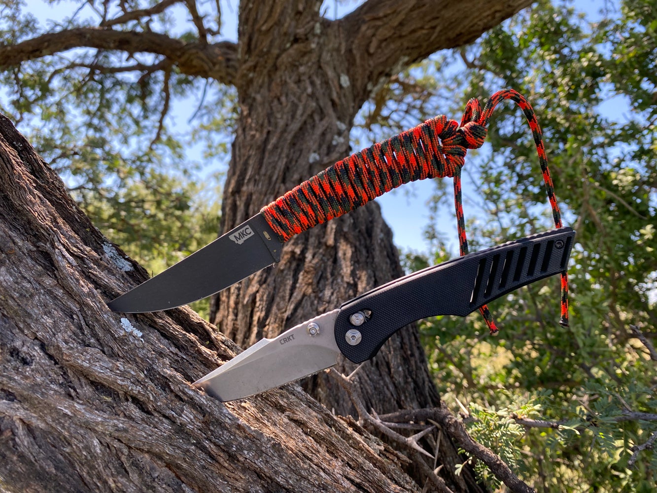 Two hunting knives stabbed into a log.