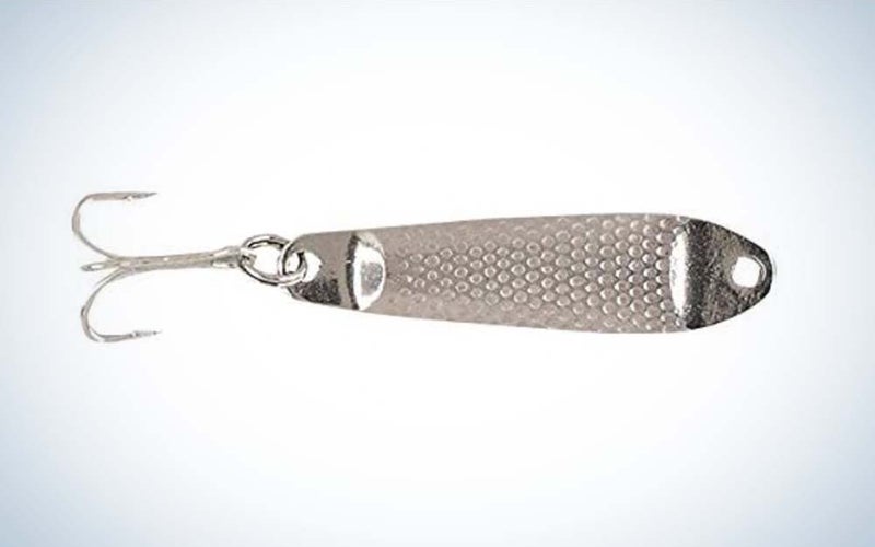 A silver Hopkins Shorty Jigging Spoon