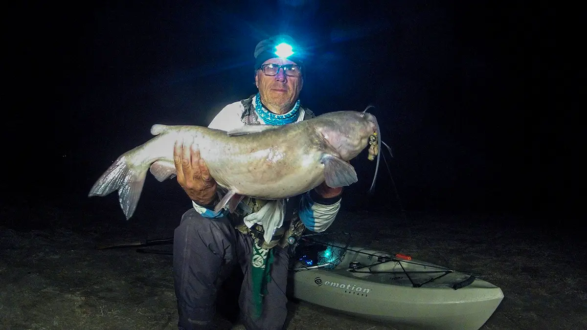 catfishing in a kayak at night