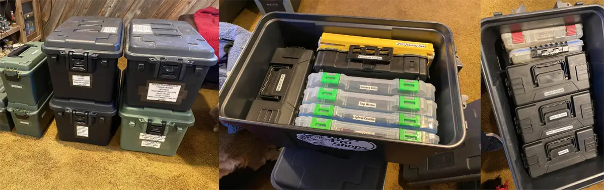 bulk tackle storage in bins and trunks
