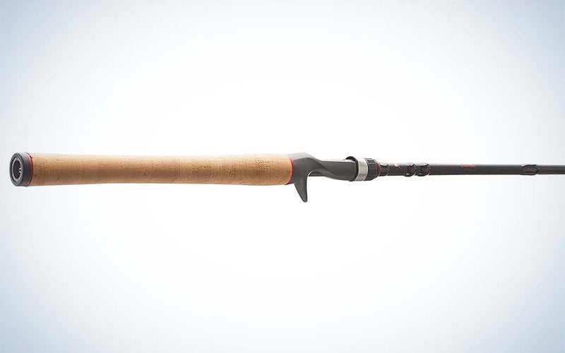 A grey best spinnerbait rod with a cork handle