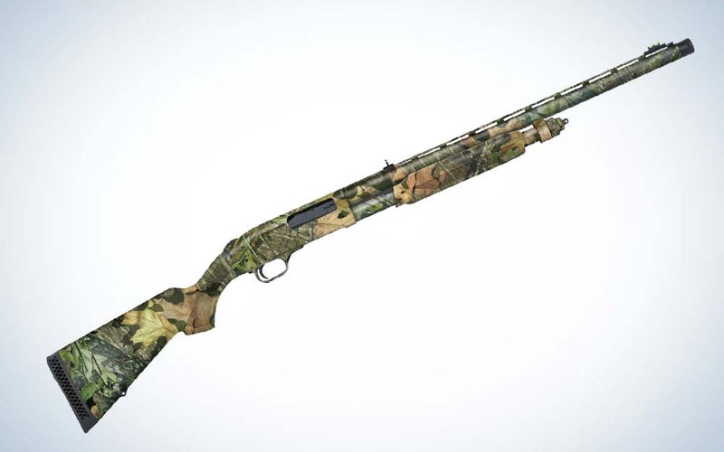 A camo-patterned shotgun