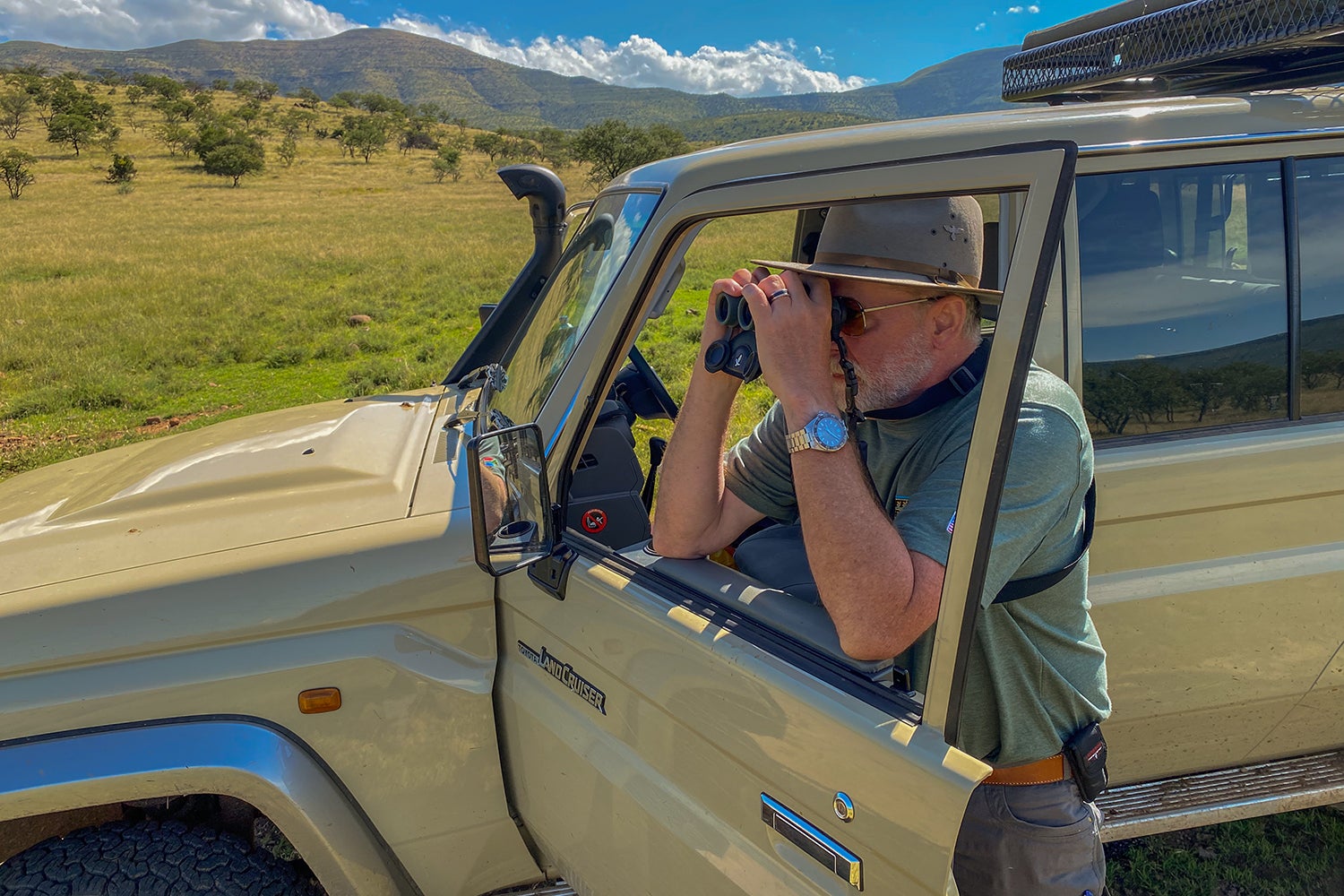 hunter glasses from truck's open door