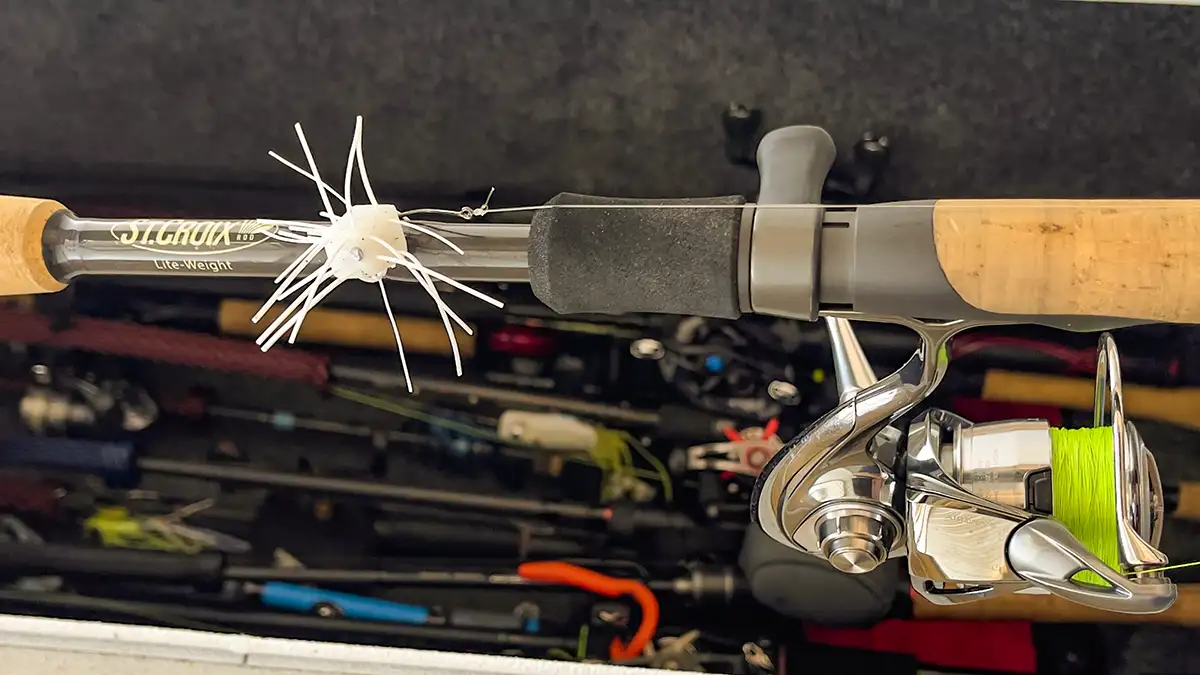 OSP Dice Rubber on Spinning rod and reel setup weighted with a nail weight