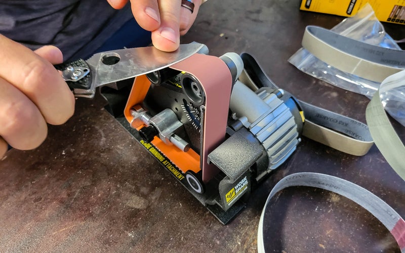 The Work Sharp blade grinder attachment being tested.