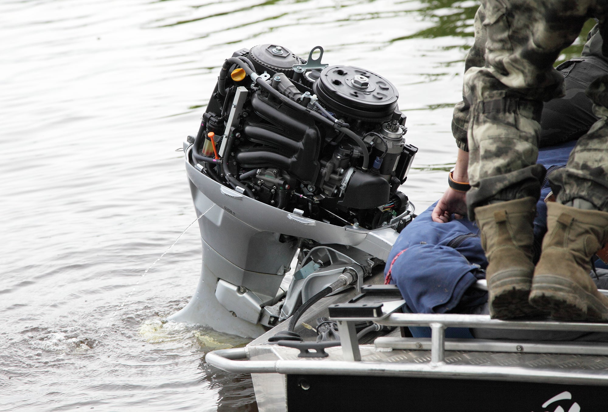 4 stroke outboard with the hood off.