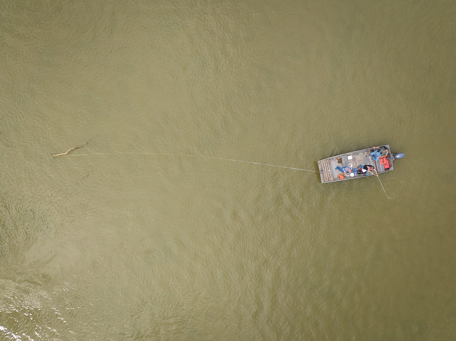 Overhead view of trotliners setting line from a metal boat.