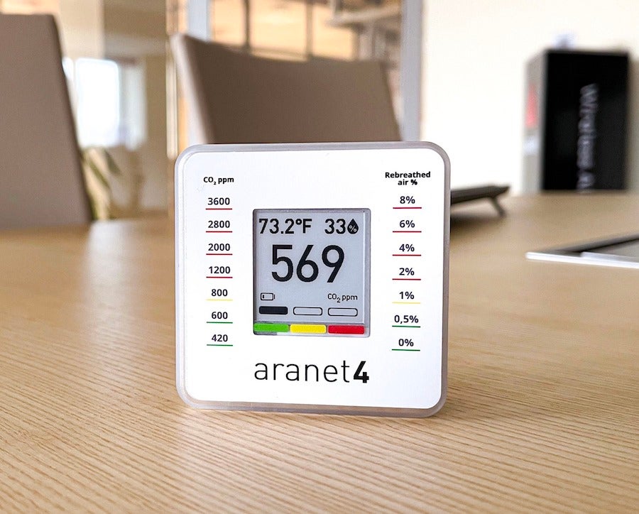 SAF Aranet 4 air quality monitor sitting on table