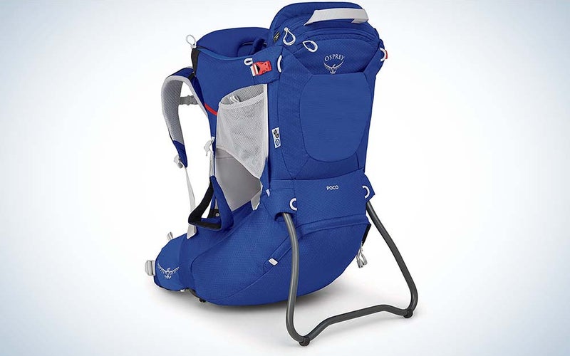 A blue best baby carrier for hiking