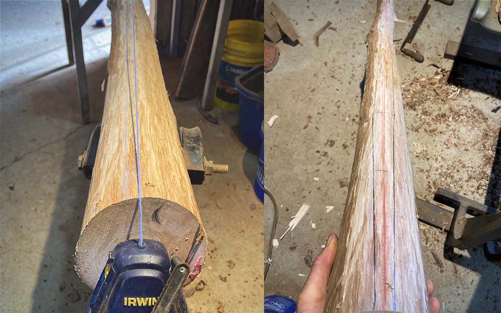 Two photos next to each other of a string stretched across a log and lines drawn on the log