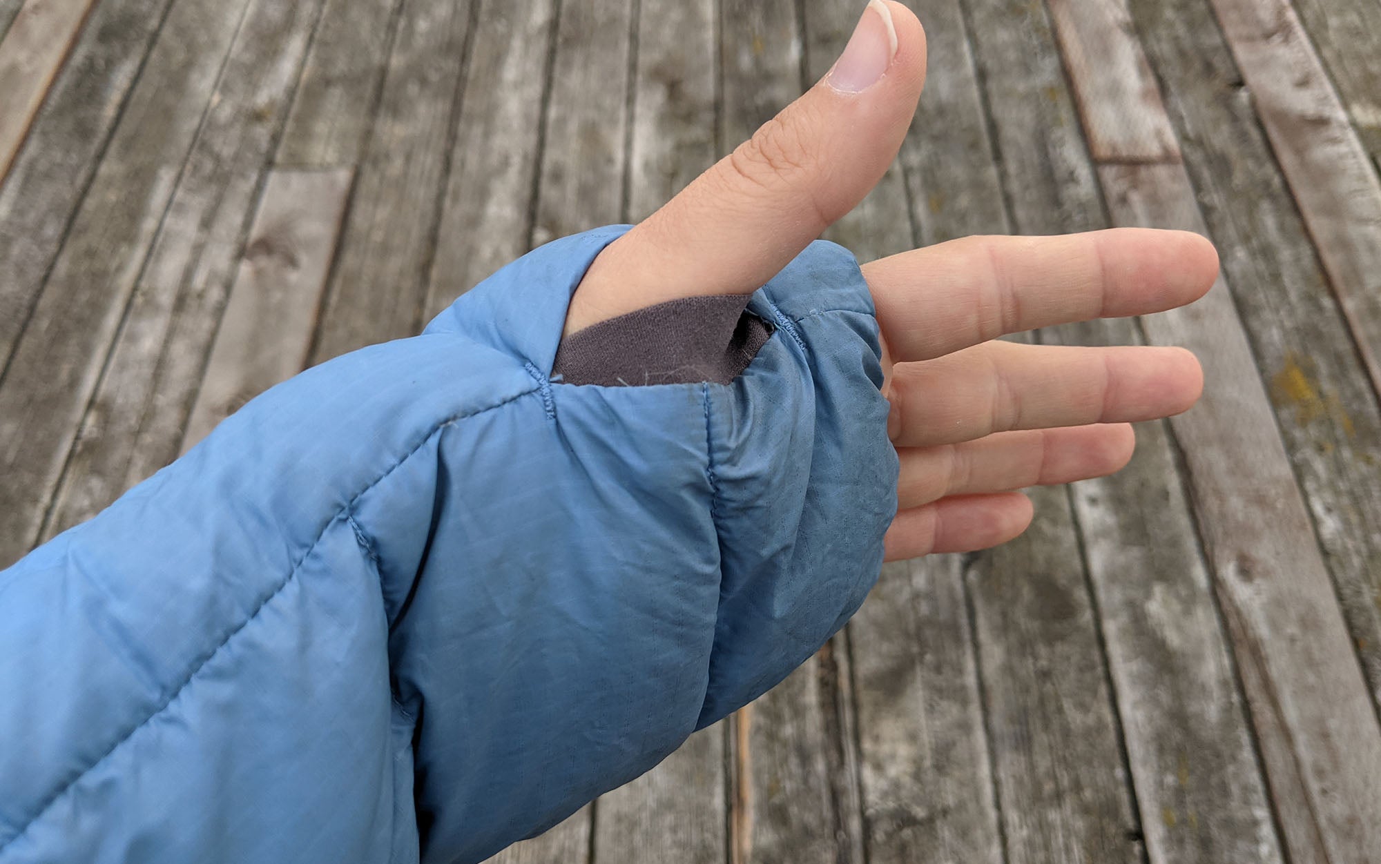 The thumbhole on the Big Agnes Luna and Shovelhead Puffer Jackets are surprisingly useful in chilly conditions. 