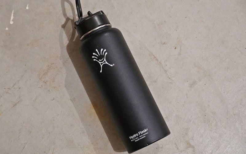 A black Hydro Flask water bottle