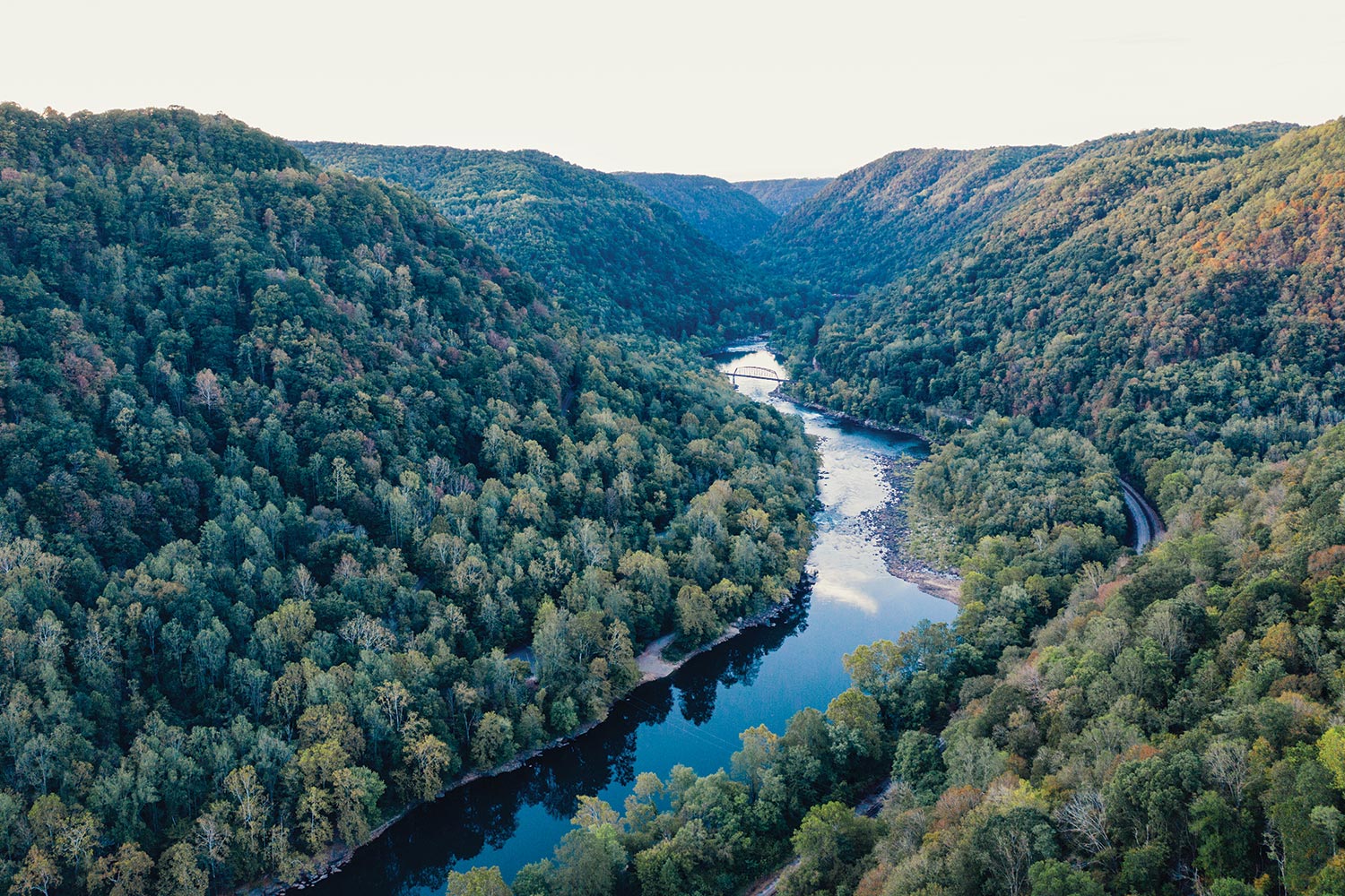 overhead view of New River and railroad bridge