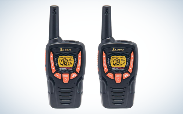 Cobra ACXT345 Weather-Resistant Walkie Talkies on gray and white background