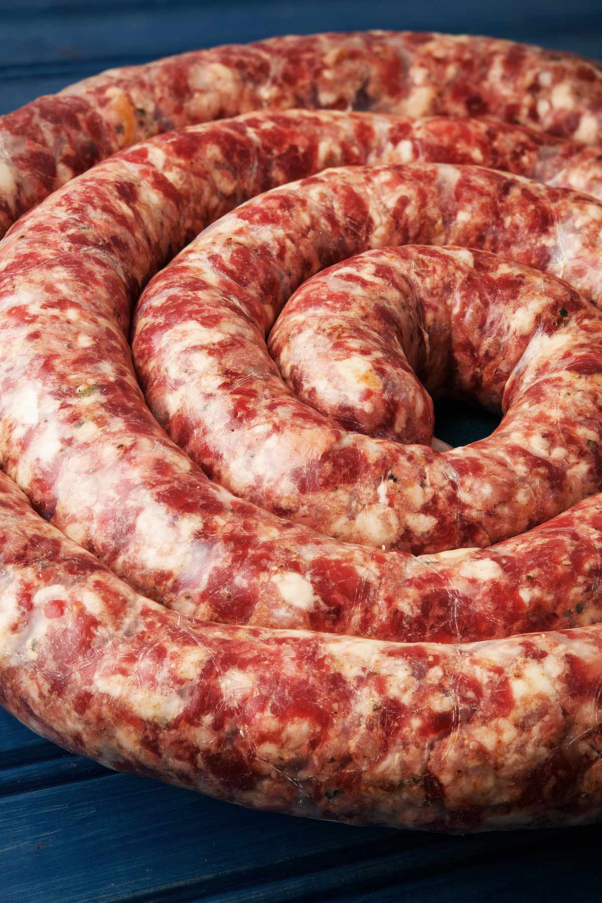 Close up of a coil of Cumberland sausage. 