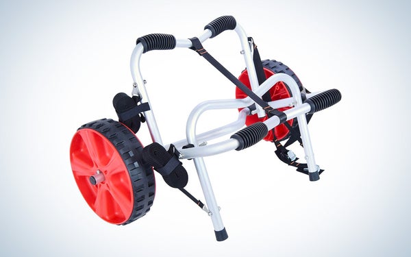 A red and black Malone kayak cart on a black and white gradient background.