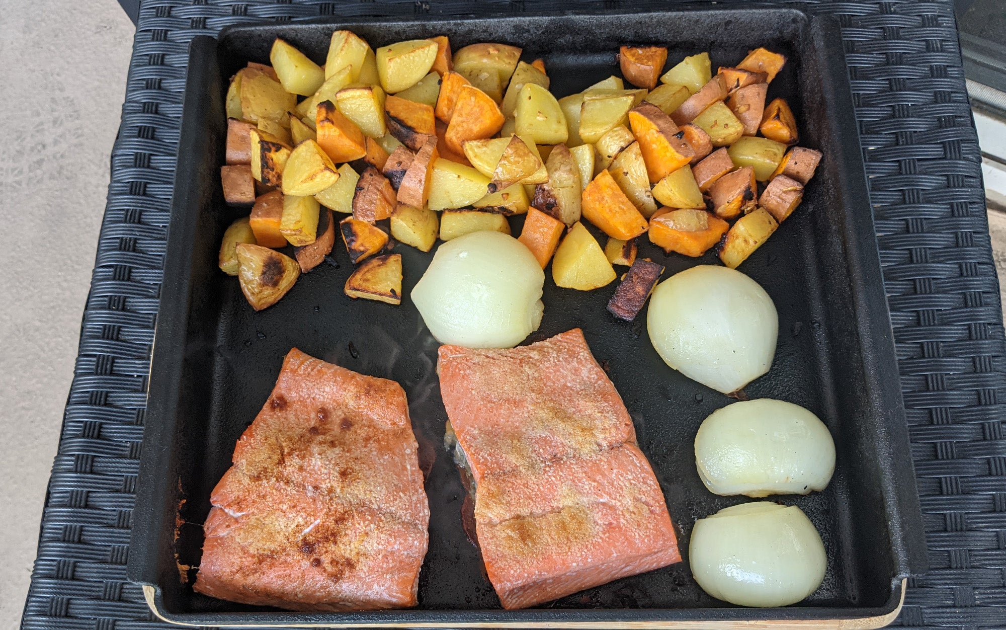 Basically a whole meal for a family of three, cooked on a single pan.