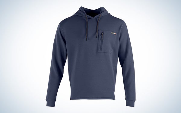 A blue Salt Life Gaffer hoodie on a black and white gradient background.