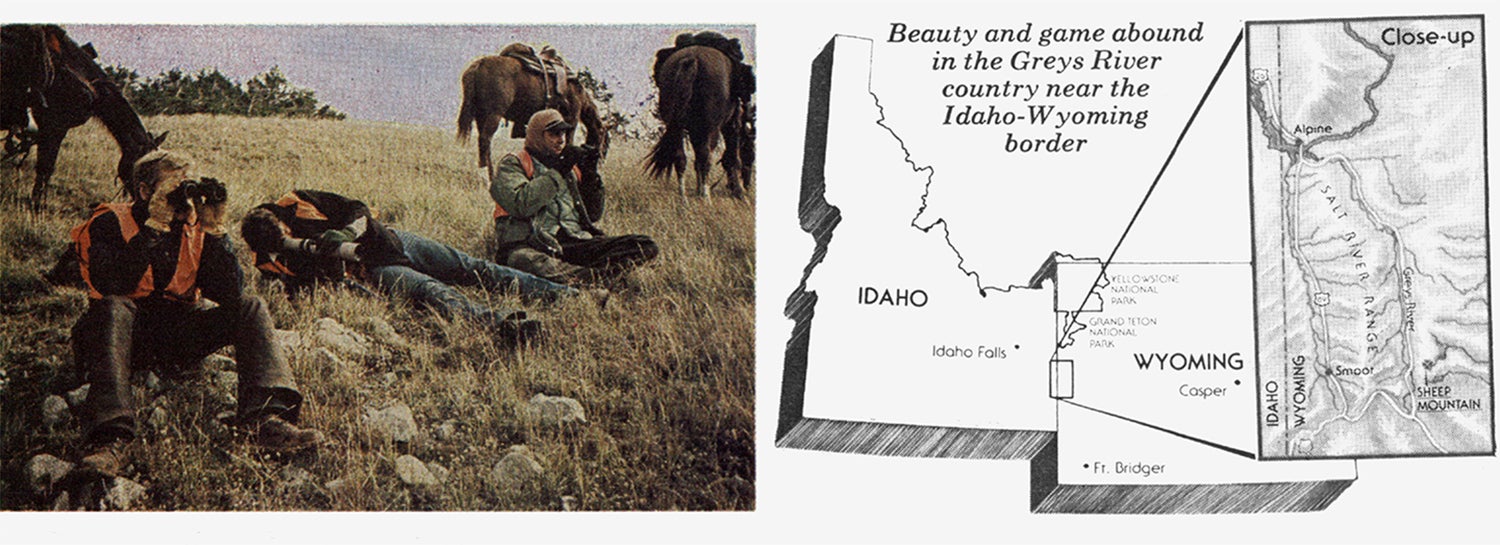 three hunters use binoculars and a spotting scope to look for game as their horses graze behind them at high elevation; map of hunt location