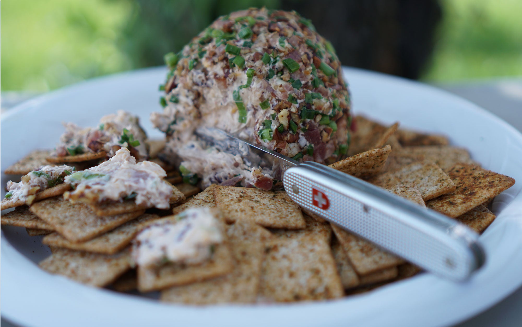 Make a cheeseball at home and bring it along while camping.