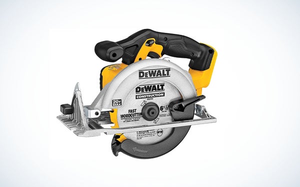 A 6-1/2 inch yellow DeWalt cordless circular saw.