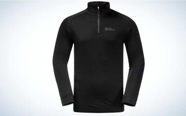 Jack Wolfskin Alpspitze Wool Long Sleeve Half-Zip on gray and white background