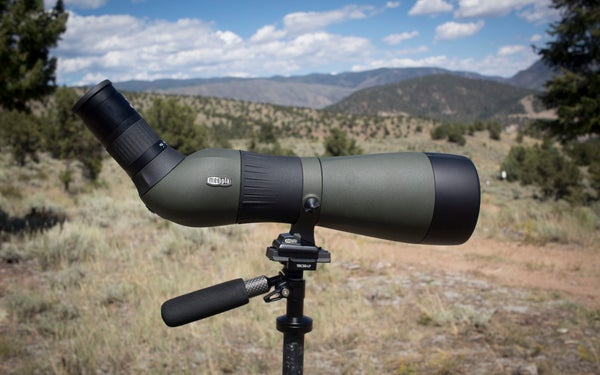 Meopta MeoStar spotting scope on tripod with mountains in background