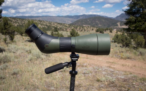 Meopta MeoPro spotting scope on tripod with mountains in the background