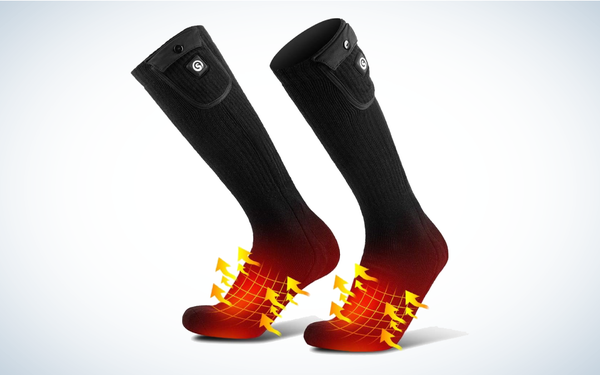 Savior Heat Heated Socks on gray and white background