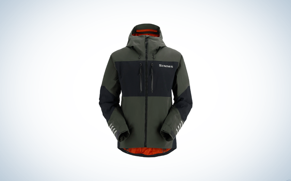 Simms Guide Insulated Fishing Jacket on blue and white background