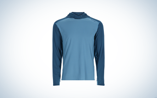 Simms Solar flex hoody on blue and white background