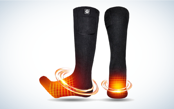 Snow Deer Heated Socks on gray and white background