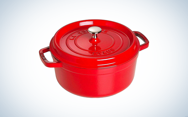 Staub 4 Quart on blue and white background