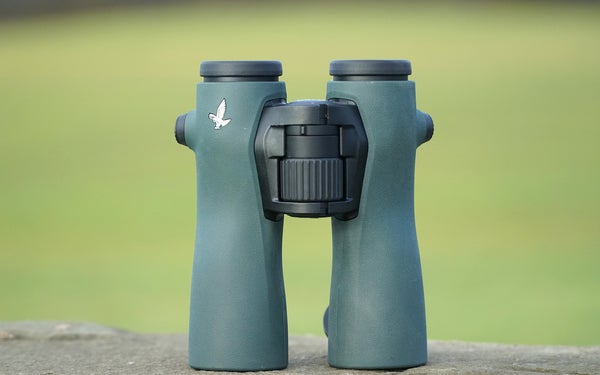 Swarovski NL Pure 10x42 sitting on a field stone with green field in background.