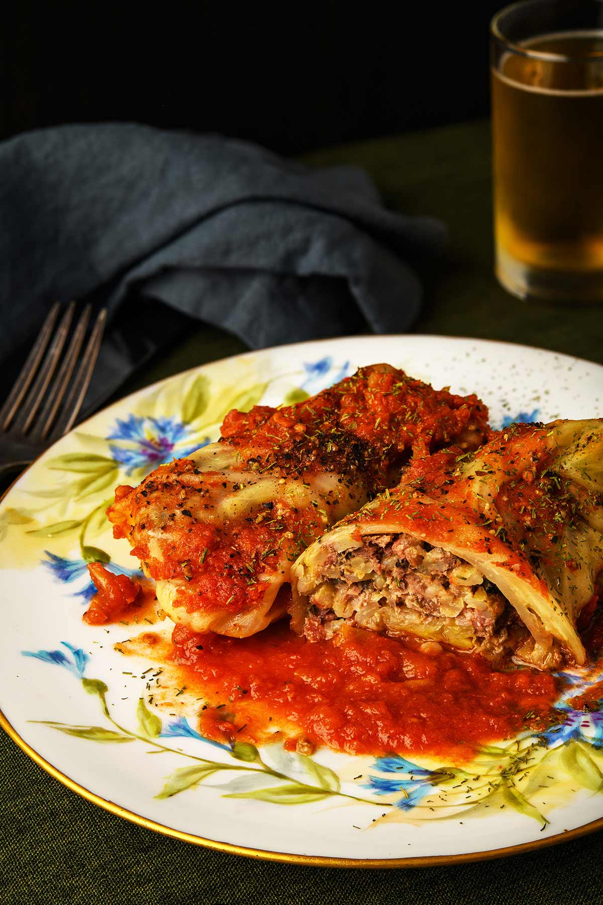 Golumpki, sliced open to show the meat and barley inside. 