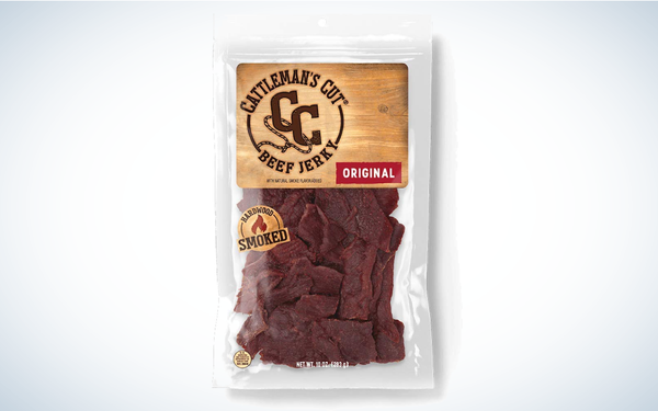 Cattleman's Cut Beef Jerky on gray and white background