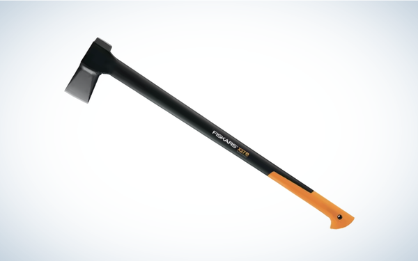 Fiskars X27 Super Splitting Axe on gray and white background