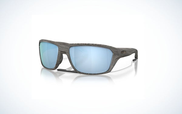 Gray Oakley Split Shot sunglasses with grey lenses and a safety head strap