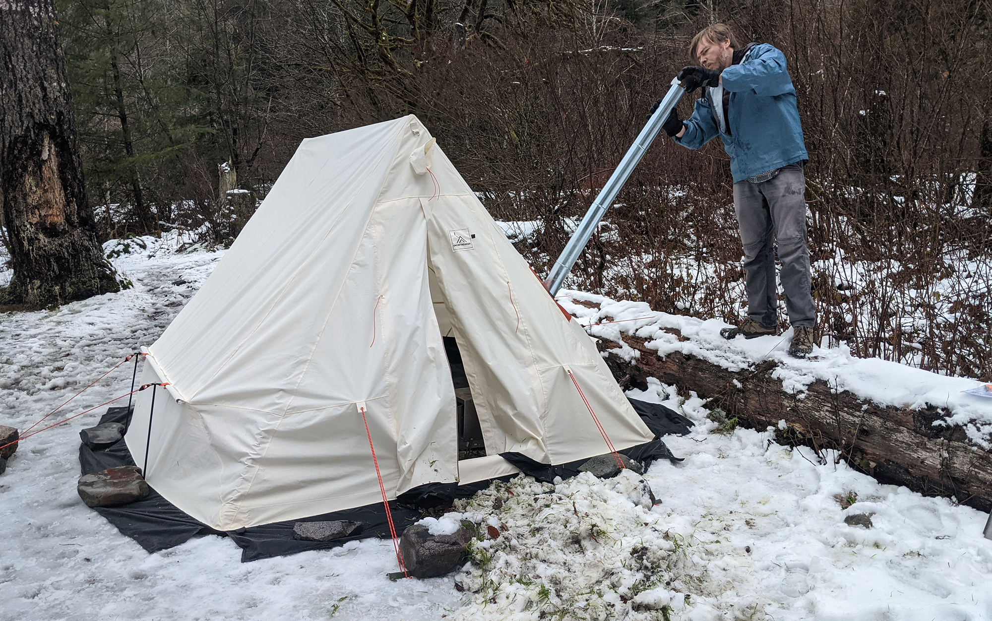 Adjusting the angle of the stove pipe proved to be one of the more difficult parts of setting up the Snowtrekker Shortwall. 