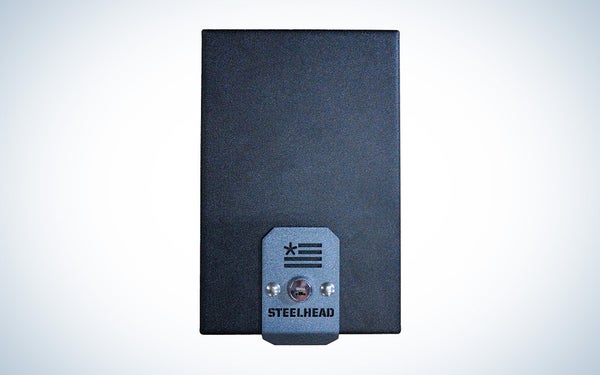 A black and silver Steelhead Outdoors pistol box on a black and white gradient background.