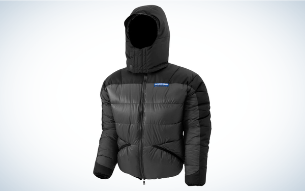 Feathered Friends Volant Down Jacket on gray and white background