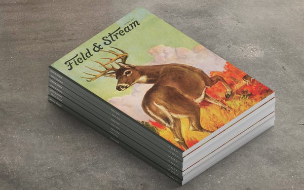 A stack of field & stream magazines sitting on a gray stone surface