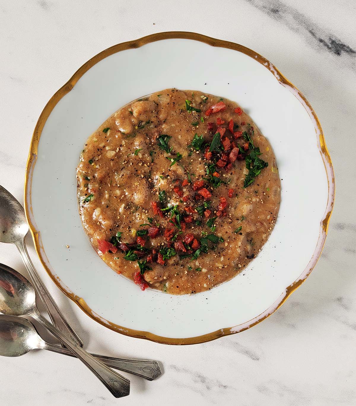 Close up of a bowl of bread soup.