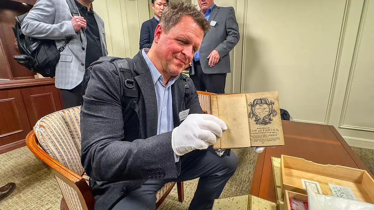 Mr. Fujii's personal first edition copy of Walton's Complete Angler printed in the 1600s. Oldest known fishing book.