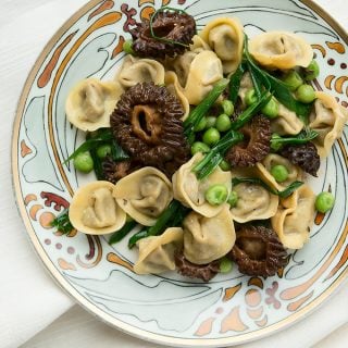 morel tortellini recipe on a plate
