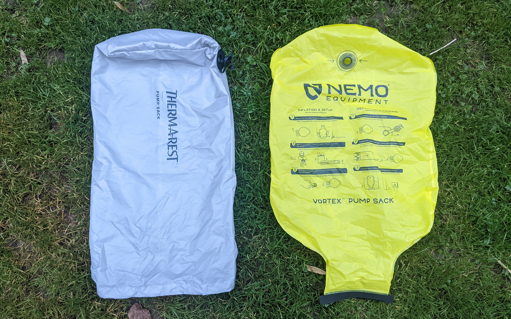 The Therm-a-Rest NeoAir pump sack (left) weighs slightly less, but takes longer to use than the Nemo Tensor pump sack (right). 