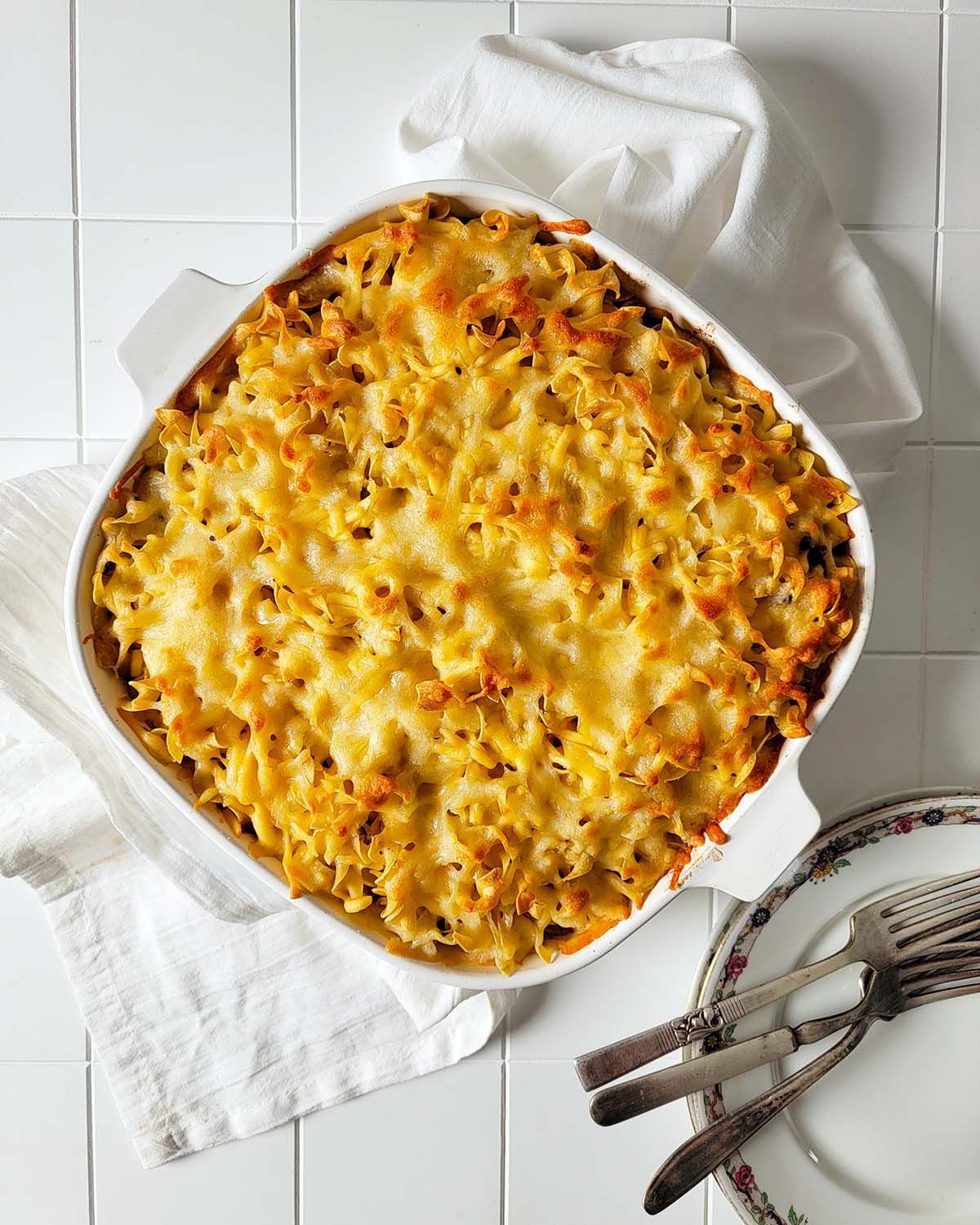 A full dish of sauerkraut casserole with venison. 