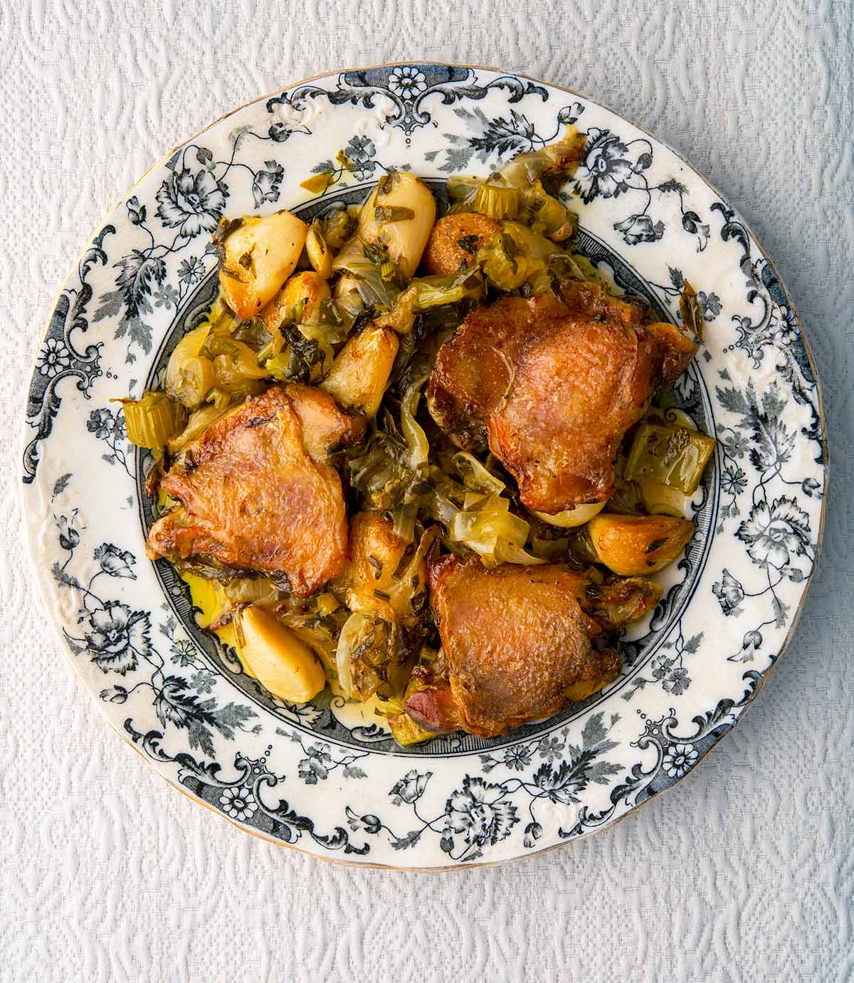 Closeup of 40 clove garlic chicken