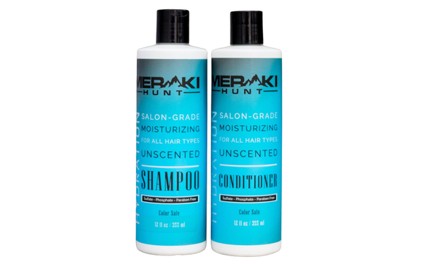 Meraki Hunt Unscented Shampoo and Conditioner on white background